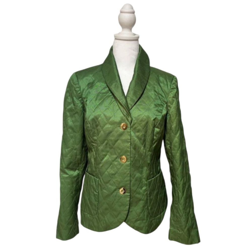 Y2K Saks Fifth Avenue Quilted Green Satin Jacket Vintage Designer Blazer EUC